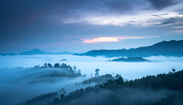Misty mountain landscape with rolling hills covered in fog and lush green trees mountains - Powered by Adobe