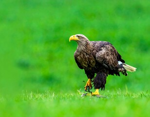 Large raptor on grassy plain; detailed feathers and bright beak