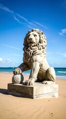 Large stone lion statue on a sandy beach under a clear blue sky
