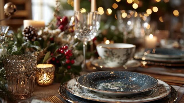 Beautiful festive table setting featuring elegant dinnerware and warm candlelight for a holiday celebration with friends and family