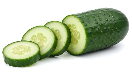 Fresh Green Cucumber Slices And Whole Vegetable Isolated On A Clean White Background Highlighting The Crisp Texture And Healthy Organic Produce Ready For Salads Or Refreshing Beverages