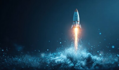 Fototapeta premium Rocket Launching into the Dark Night Sky with Bright Flames.