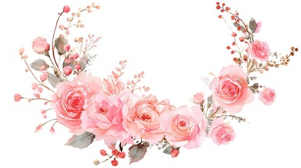 wreath. Watercolor wreath with pink roses, delicate floral frame on white background. gardening catalogs, home-decor guides, designed for home decor and floral branding, celebrates nature.