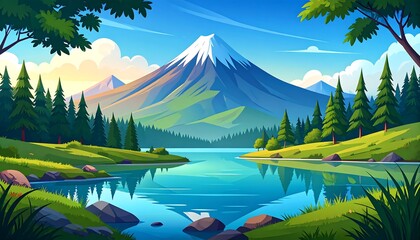 Serene mountainscape reflection on tranquil lake framed by evergreen forest
