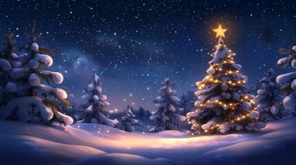 Naklejka premium Magical Christmas Tree in Snowy Forest Under Starry Night Sky