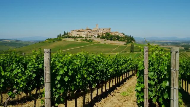 Tuscan Vineyard Scenery with Rolling Hills and Distant Medieval Village on Sunny Day