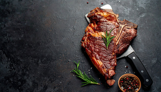 Raw T-bone steak with rosemary and peppercorns on a dark textured surface beef meat