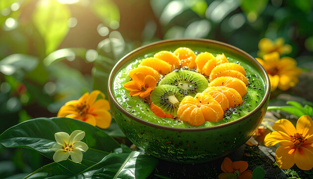 Refreshing Green Smoothie Bowl with Kiwi and Mandarin Orange Slices Amidst Tropical Leaves