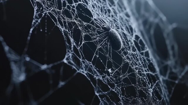 Spiderweb close-up shot showcasing intricate details and texture with dark background, creating a