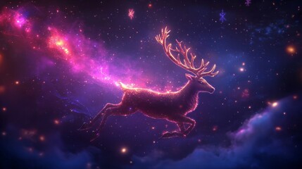 Fototapeta premium Magical Glowing Reindeer Leaping Through Starry Galaxy