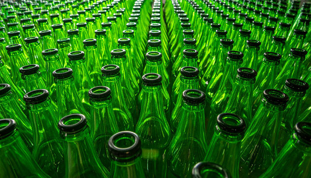 Rows of empty green glass bottles lined up in a factory or warehouse image photo