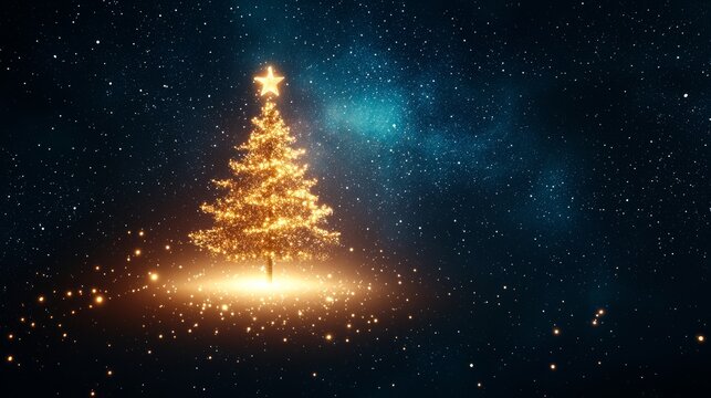 Magical Golden Christmas Tree in Starry Night Sky