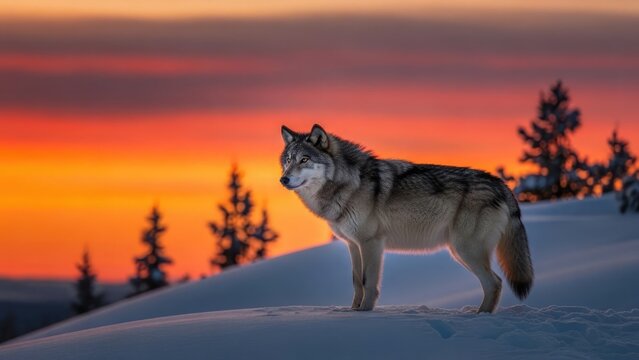 A majestic wolf stands on a snowy hill against a vibrant sunset sky with silhouetted trees in the background.