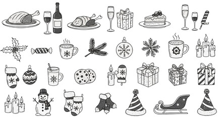 Hand-drawn collection of festive holiday season and winter celebration elements, perfect for seasonal design projects