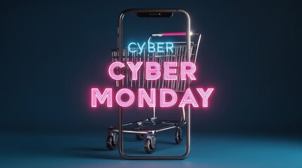 Smartphone With Holographic Shopping Cart Promoting Cyber Monday Online Deals and E-Commerce Sales