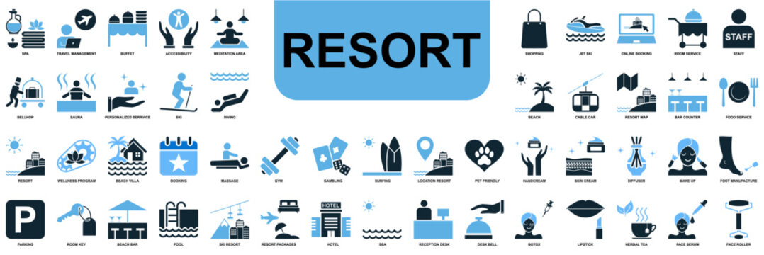 Set Resort Icon Vector Ideal for travel agencies, booking platforms, and tourism graphics requiring a collection of hospitality amenity symbols.