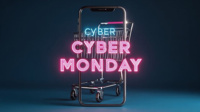 Smartphone With Holographic Shopping Cart Promoting Cyber Monday Online Deals and E-Commerce Sales - Powered by Adobe
