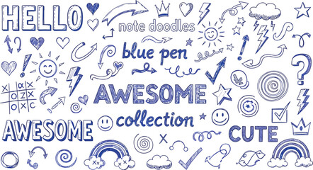 Obraz premium Creative blue pen hand drawn doodle design elements collection