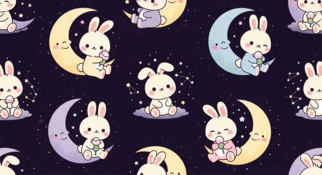 Whimsical daytime scene featuring adorable bunnies and smiling crescent moons in a dreamy night - Powered by Adobe