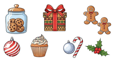 Christmas treats and decorations including cookies, gingerbread, cupcake, baubles and candy cane