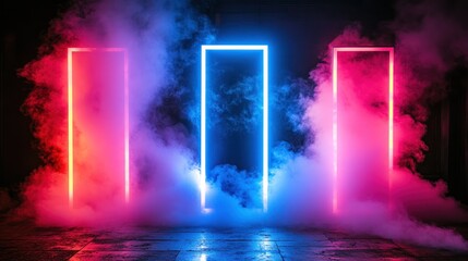 Neon doorways framed by smoke