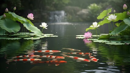 Beautiful koi fish and lotus flowers pond serene scene japanese garden nature photography tranquil water