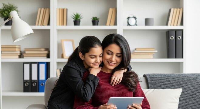 A mother working at a computer in a home office is lovingly embraced from behind by her daughter - Powered by Adobe