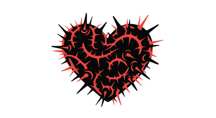 A striking illustration of a thorny heart with vibrant red vines against a deep black silhouette, symbolizing profound pain and enduring love.