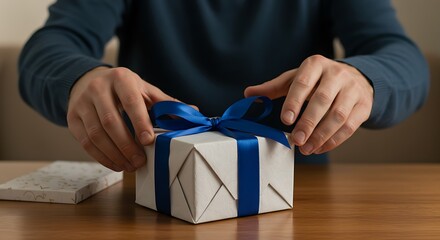 Man's hands meticulously wrapping a gift box with blue ribbon on a wooden table