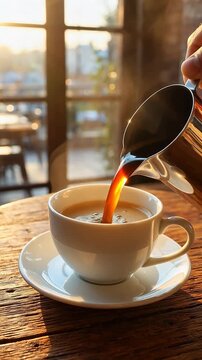 Warm morning sunlight illuminates freshly brewed coffee pouring into a white cup
