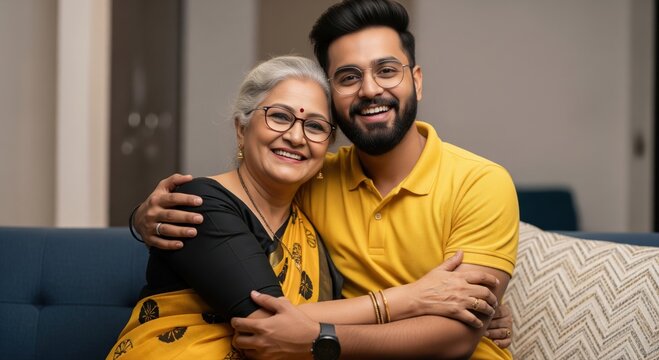 A smiling young man hugs his mother in saree both posing together against a plain background.