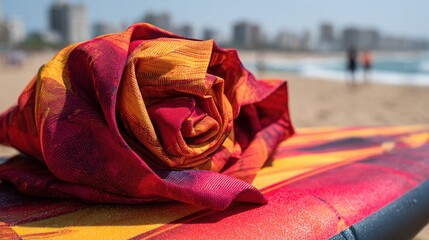 rashguard. A colorful rolled-up rashguard resting on a surfboard at the beach. event key visuals, club posters, designed for fitness apps and gym onboarding, drives event promotion.