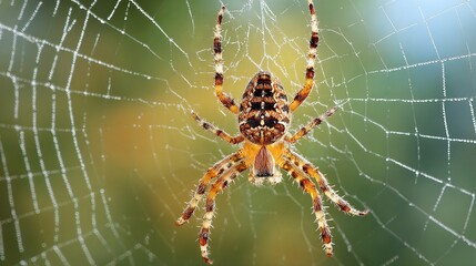 patience. Garden spider at the center of its intricate web with morning dew glistening on the silk. wildlife magazines, conservation campaigns, designed for nature documentaries and education.