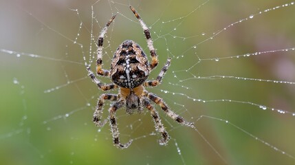patience. Garden spider at the center of its intricate web with morning dew glistening on the silk. wildlife magazines, conservation campaigns, designed for nature documentaries and education.