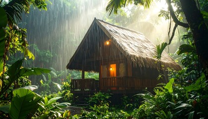Rustic cabin nestled in lush green forest during a tropical downpour