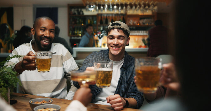 Friends, men and cheers with beer in pub for reunion celebration, night out and bonding. Happy hour, weekend and people with alcohol toast in bar for social gathering, party and achievement in group - Powered by Adobe
