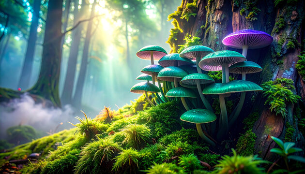 Vibrant purple and green mushrooms cluster on a mossy tree in a sunlit forest nature