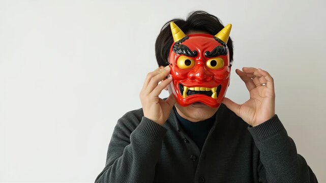 節分で、赤鬼の面をかぶって、様子をうかがう男