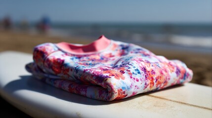 rashguard. A colorful rolled-up rashguard resting on a surfboard at the beach. event key visuals, club posters, designed for fitness apps and gym onboarding, drives event promotion.