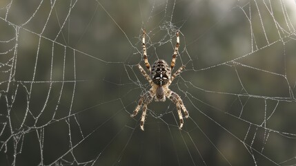 patience. Garden spider at the center of its intricate web with morning dew glistening on the silk. wildlife magazines, conservation campaigns, designed for nature documentaries and education.
