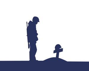 Emotional vector silhouette of a soldier standing before a grave marked with a helmet and rifle. Represents loss, remembrance, sacrifice, and tribute to fallen heroes.