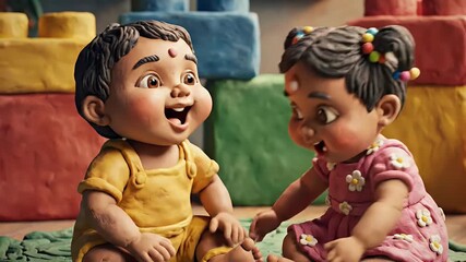 Adorable Indian baby boy and girl in a charming clay animation style, sharing a joyful moment of play surrounded by colorful toy blocks - Powered by Adobe
