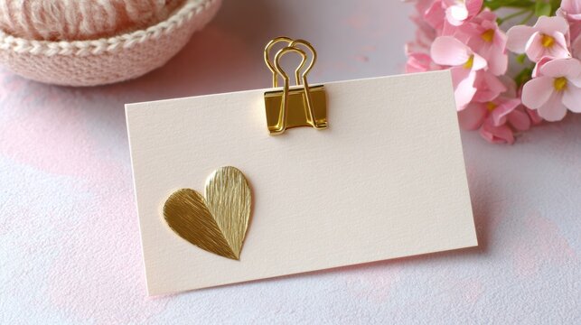 Elegant Empty Message Card With Gold Heart Clip on a Soft Cream Background, Perfect for Minimalistic Styling and Personal Notes
