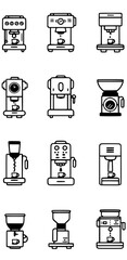 A grid of simple, black-and-white line icons featuring various types of coffee and espresso machines, along with coffee grinders. The minimalist design clearly illustrates different appliances used fo