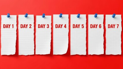 Seven white torn paper notes pinned against a vibrant red background, each labeled with a day.