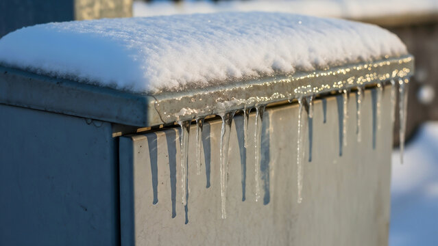 Icicles on snow-covered power box, symbol of winter's serenity