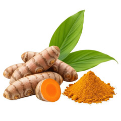 Fresh Turmeric Roots and Powder with Green Leaves spice