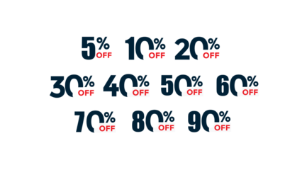 Discount sale percentage icons ranging from 5% to 90% off in bold blue numbers with red 'OFF' tags on black background for retail and marketing promotions