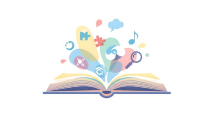 Open book with abstract icons emerging, representing knowledge, imagination and learning concept.