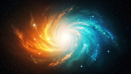 Vibrant spiral galaxy with orange and blue nebula in deep space